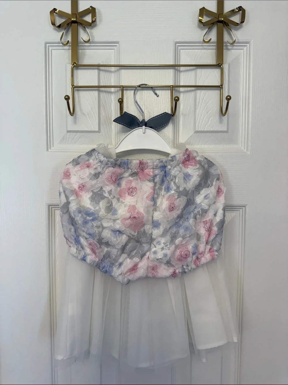 First Impressions White Tulle Dress Top with Floral Puff Sleeves